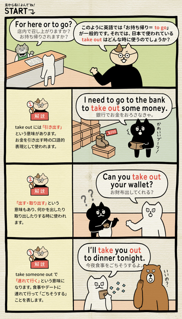 「お持ち帰り」じゃないtake outの正しい使い方しってる?